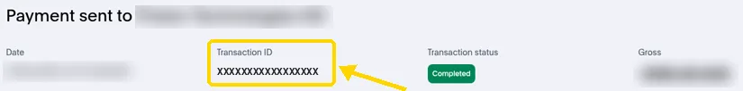 PayPal transaction details with the Transaction ID highlighted